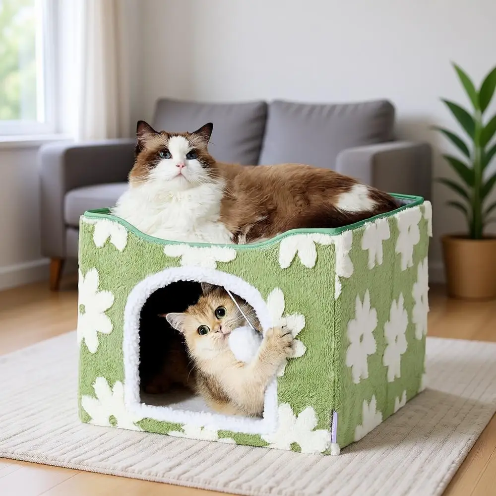 

Кошачья лежанка для дома, домик для котят - большая кошачья пещера с пушистым шариком, складное укрытие, 42x42x33 см, цветочный сад