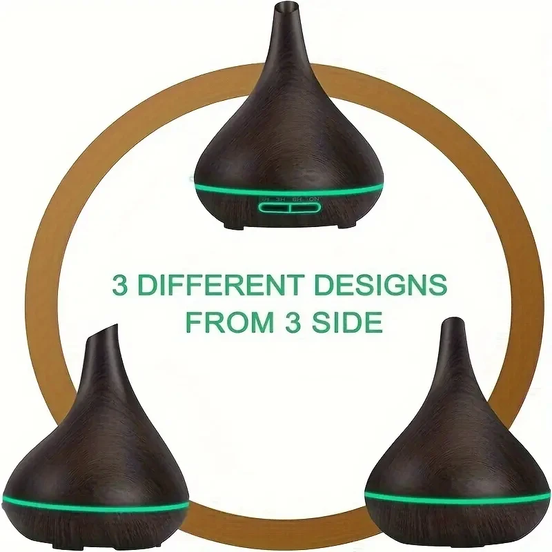 Elegant Wood Grain Aromatherapy Humidifier with 6 Essential Oil Bottles, 16.91oz Capacity, Soundwave Tech, USB Operation, Timer,