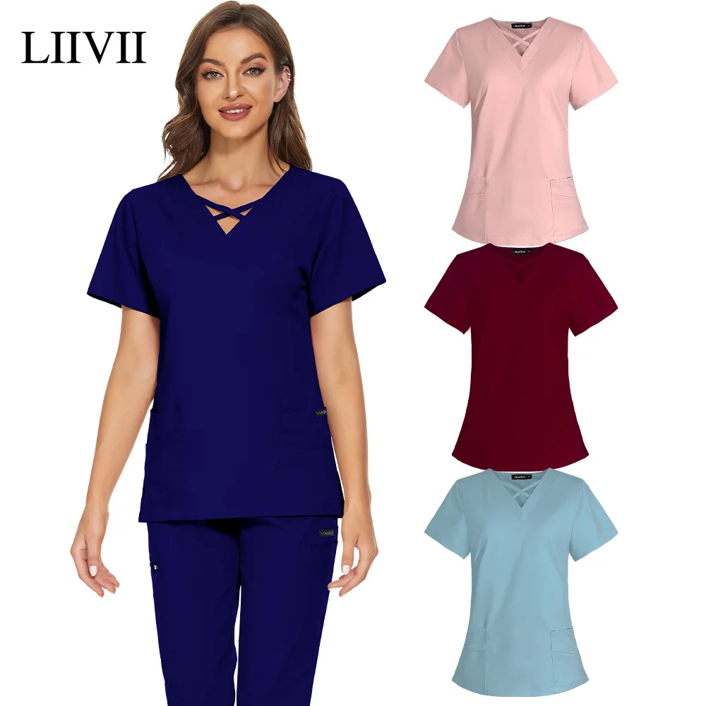 

Operating Room Uniform Nursing T Shirt Casual Short Sleeve Ladies Scrubs Uniforms Nurse V-neck Pocket Tops Blouse