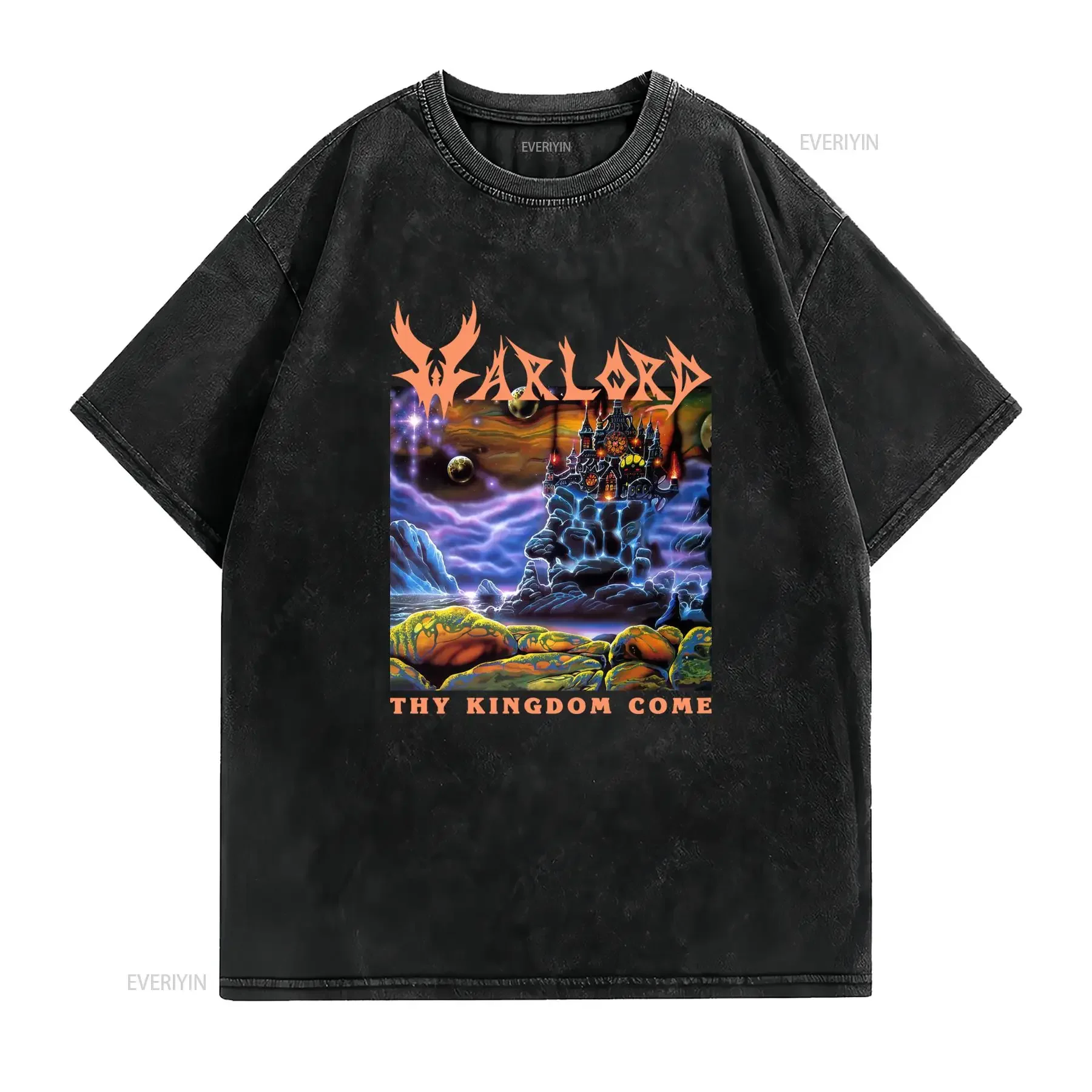 Vintage Heavy Metal Warlord Band Thy Kingdom Come Fantasy Cosmic Castle Print Streetwear T Shirt vintage Washed streetwear