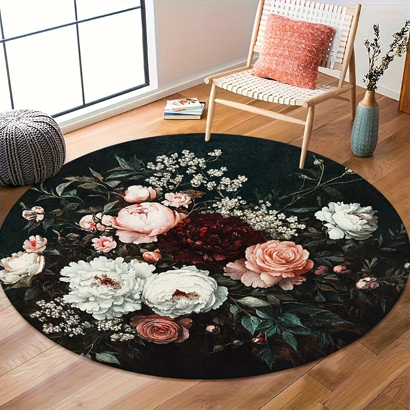 Vintage Baroque Round Mat Dark Oil Painting Flower Area Carpet Luxury Peony Floral Rose Living Room Armchair Floor Rug
