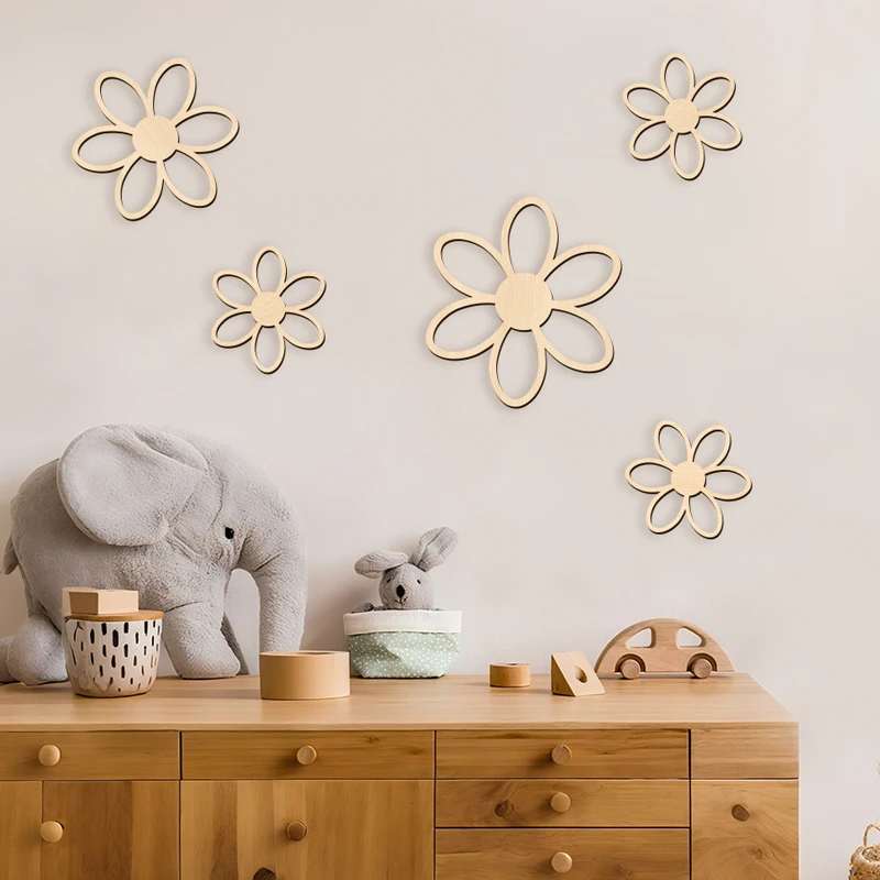 NUBECOM 5Pcs Wooden Daisy Flowers Wall Art Wood Flowers Wall Stickers Wall Decor Home Room Wall Stickers Christmas Holiday Gift