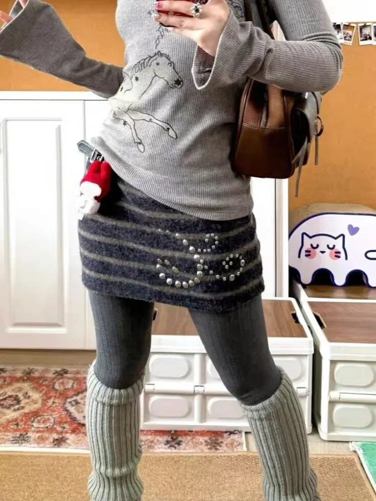 Cintura alta vintage mini saia harajuku grunge contraste cor lápis faldas y2k estética feminina sexy listra strass saias