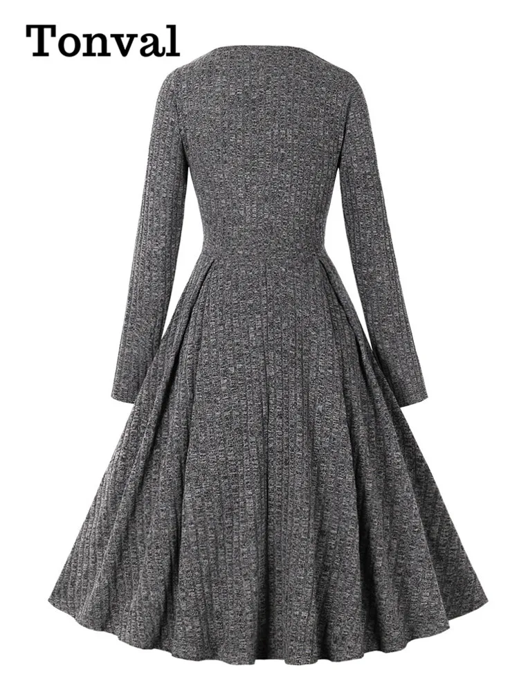 Tonval O-Neck Long Sleeve Fall Knitted Dresses Women Grey Solid Lace-Up High Waist Pleated Vintage Winter Swing Dress