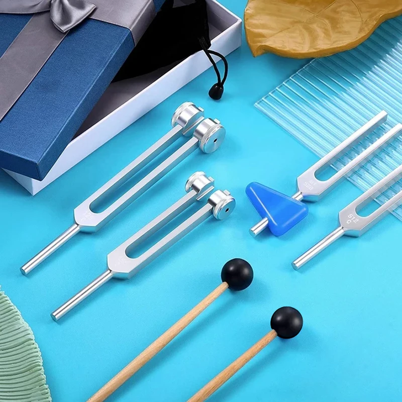 4PCS Lot Tuning Fork Set (128Hz 256Hz 512Hz 528Hz) with Mallet Chakra Massager Stick Hammer for Yoga Sound Healing Therapy A1