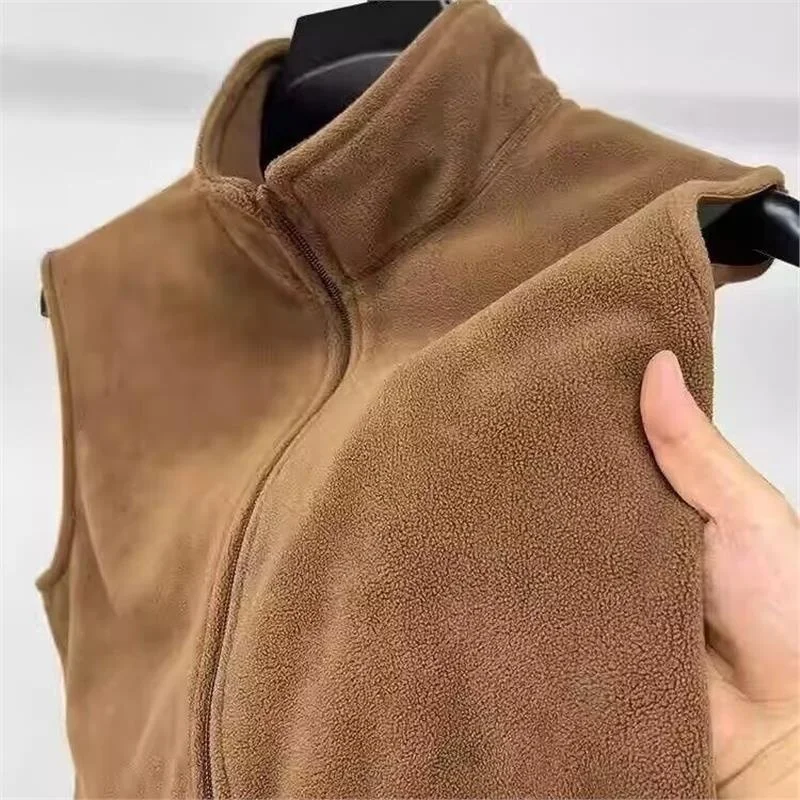 Double-Sided Fleece Vest for Men Casual Warm Outerwear Stand Collar Workwear Loose Fit Autumn Winter Dirt Resistant Shoulder ...