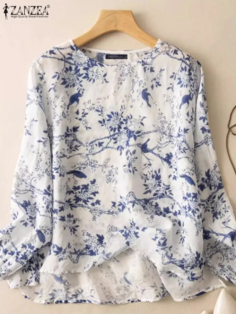 ZANZEA-túnica informal con cuello redondo para Mujer, Blusas Vintage de manga larga con estampado Floral, para uso diario, para vacaciones, Otoño, 2024