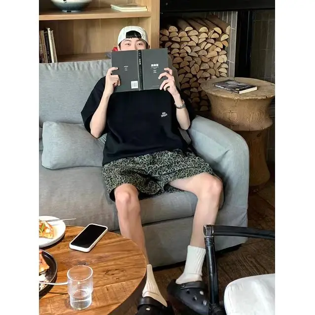 American Retro Camouflage Leopard Print Men's Loose Fit Five-Quarter orts Casual Loose Dstring Workwear Sle Youthful