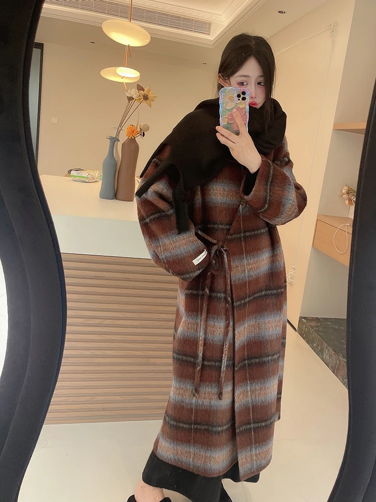 

Двустороннее шерстяное пальто в стиле ретро с V-образным вырезом, прямого кроя, для женщин, зимняя верхняя одежда, повседневный стиль