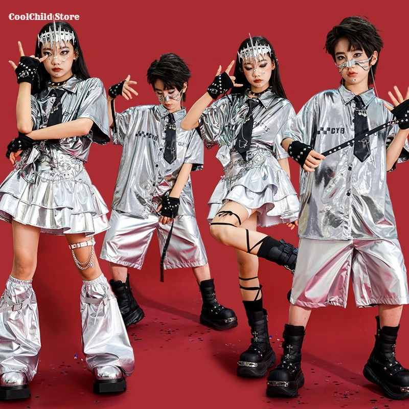 

Girls K-pop Jazz Silver Shirt Skirts Boys Hip Hop Joggers Pants Street Dance Shorts Clothes Set Kid Costume Children Streetwear