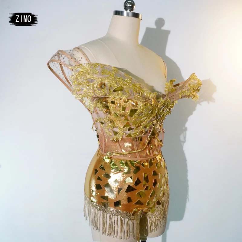 Сексуальное и роскошное платье с золотыми блестками и кисточками на спине и рукавами для латинских танцев на день рождения, Dj Club Ds Performance, наряд Drag Queen