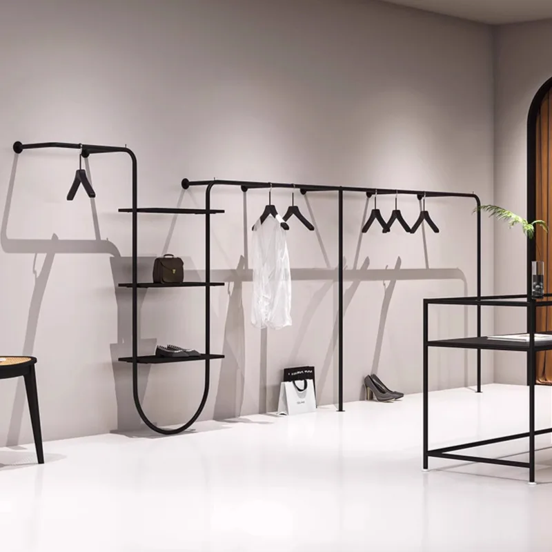 Simple clothing store matte black wall hanging display rack wrought iron floor straight rod side hanging hanger men's