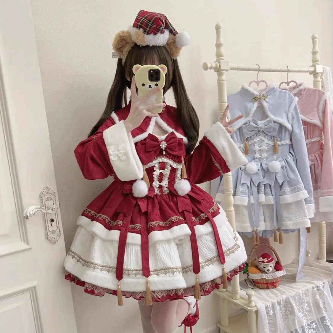 

Красное новогоднее платье с длинными рукавами, осень-зима, японский оригинальный дизайн, милое платье Лолиты для девочек, кавайное платье, аксессуары в стиле Лолиты
