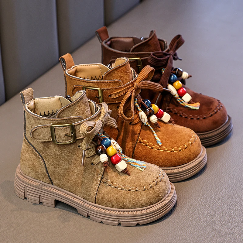 

Autumn Kids Retro Ankle Boots Fashion Beading Causal Girls Platform Boots Round-toe Side Zipper Children School Catwalk Boots