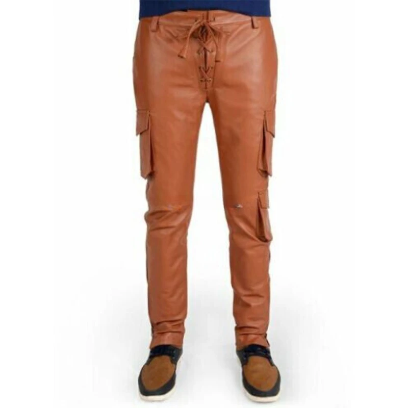 

Men Drawstring Closure Genuine Sheepskin Real Leather Pant Flap Pocket Pant