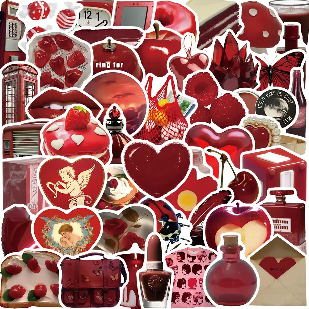 50PCS  INS Style Vintage Red Simple Stickers Aesthetic DIY Decals Water Bottle Laptop Luggage Fridge Scrapbook Diary Stickers