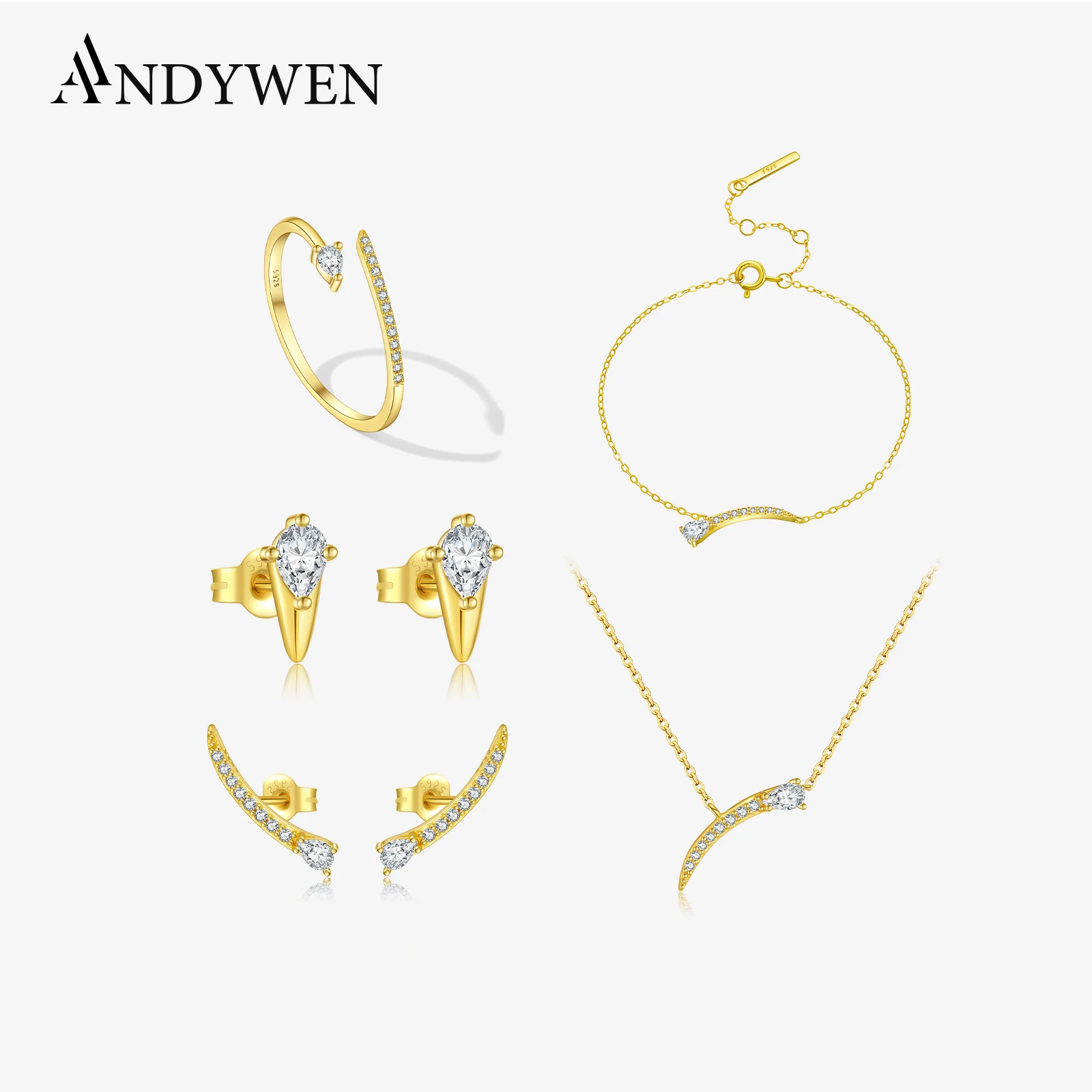 

ANDYWEN 925 Sterling Silver Gold Pear Shape Zircon CZ Stud Earring Beacelet Necklace Luxury Jewelry Set Women Crystal Fine Gift