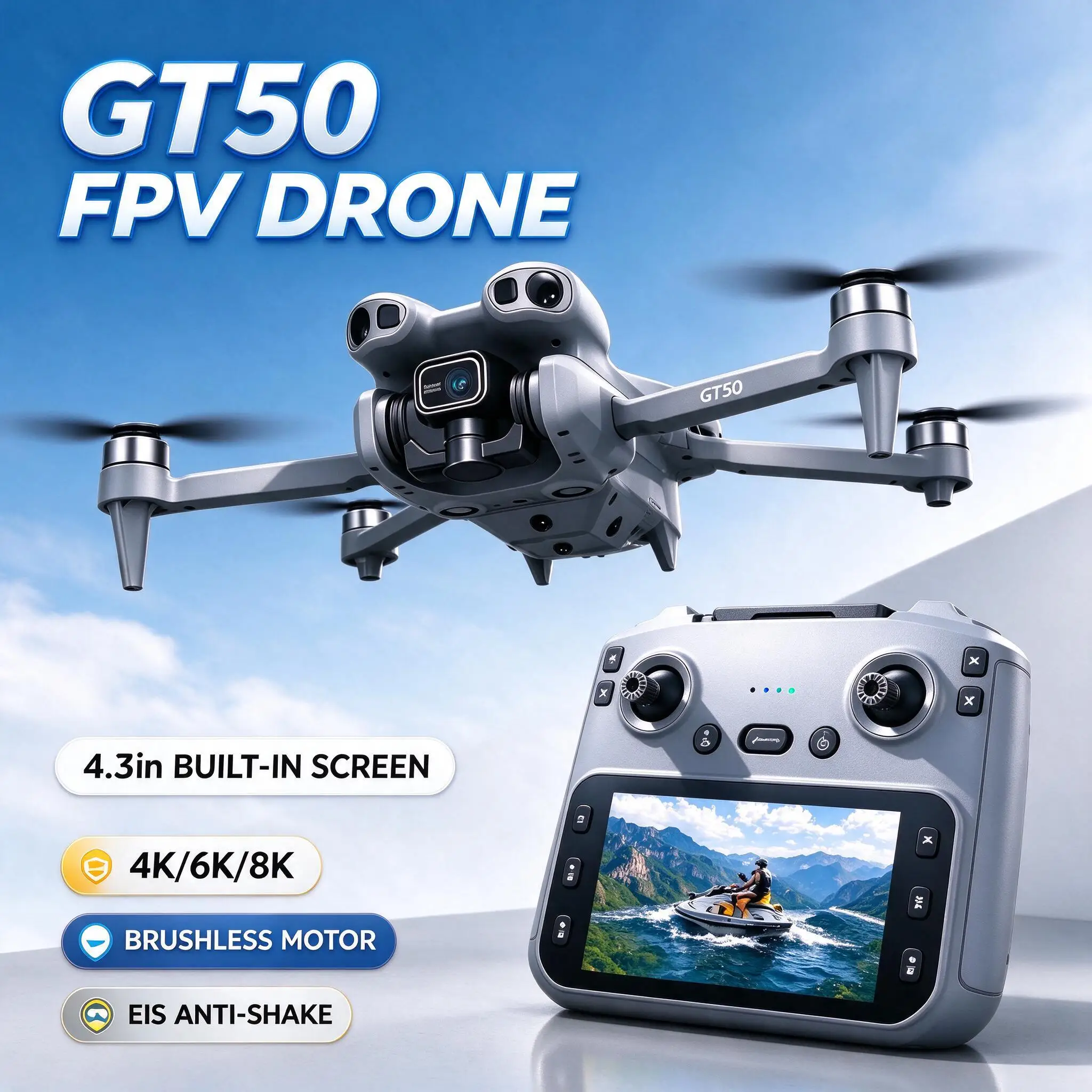 Efficient 8K FPV Drone with Dual HD Camera 4 3 Screen EIS Anti Shake 2 4GHz RC Quadcopter for Beginners GT50 Brushless Motor 4K