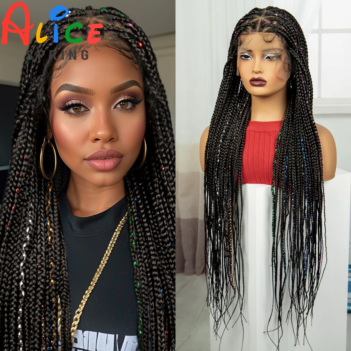 

Synthetic Braideds Wigs 36 Inches Knotless Box Full Lace Braideds Wigs with Colored Ribbons Straight Braided Wigs with Baby Hair