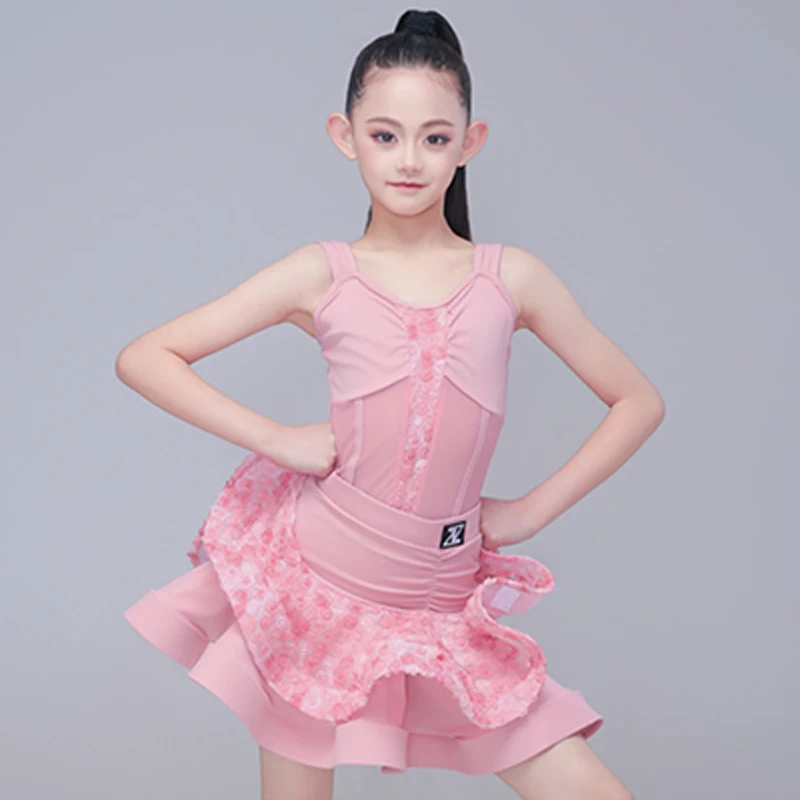 

2025 New Girls Latin Dance Clothes Summer Pink Dress Flower Skirt Performance Dancewear Kids Latin Dance Practice Dress DNV24085