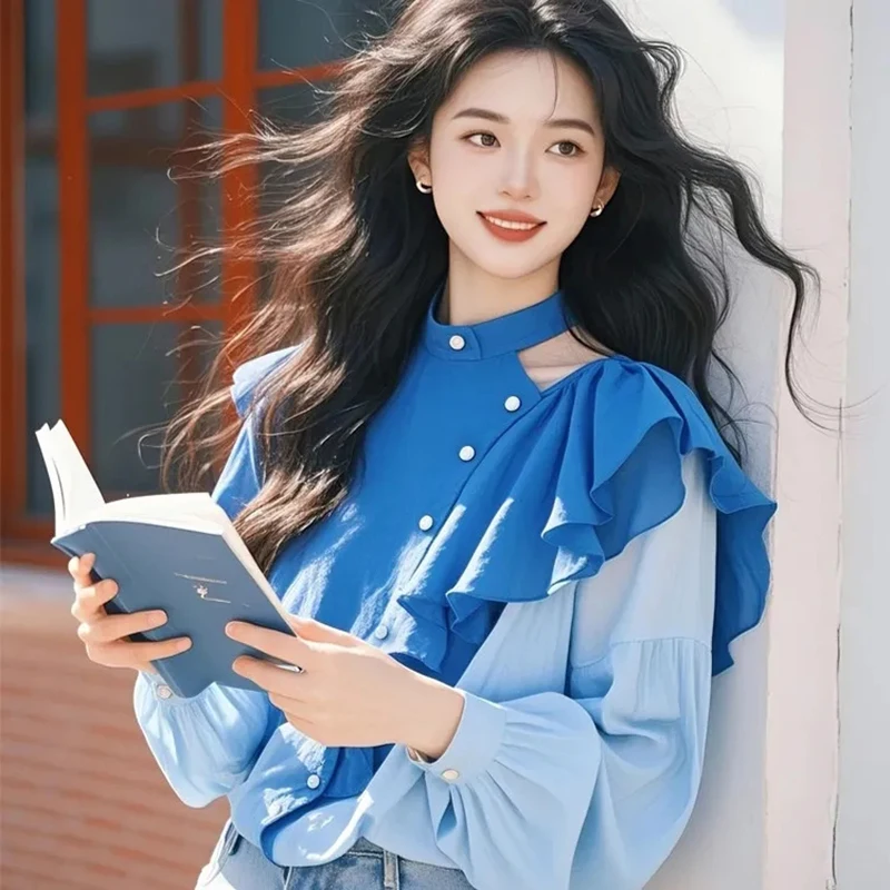 Haut en mousseline de soie pour femmes, simple boutonnage, oreilles, bord champignon, haut français, rue, automne, chemise ample d'épissure, nouvelle collection printemps