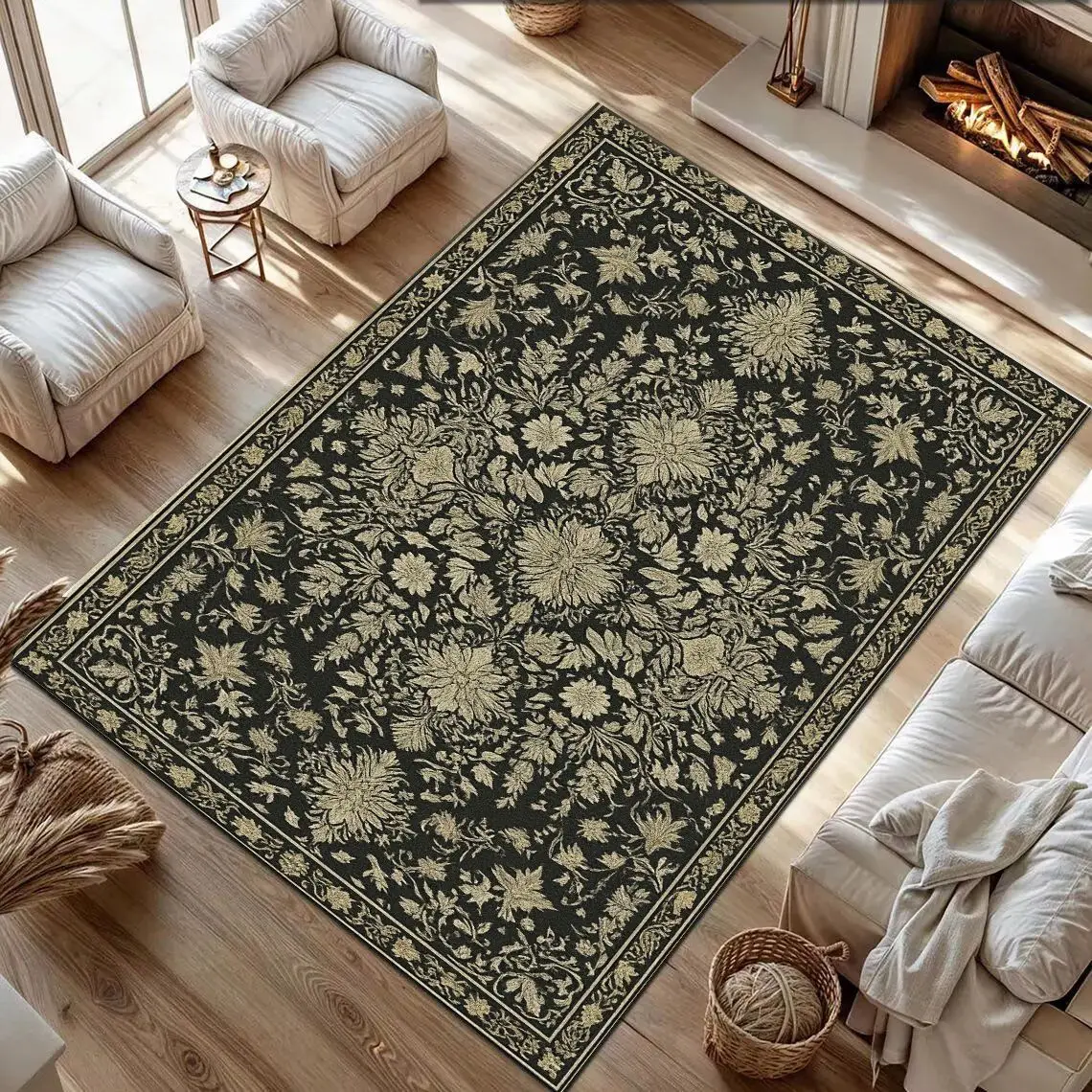 Vintage Floral Medallion Rug Non-Slip Floor Mat Traditional Boho Style Carpet for Living Room Bedroom Home Decor Large-sized Rug