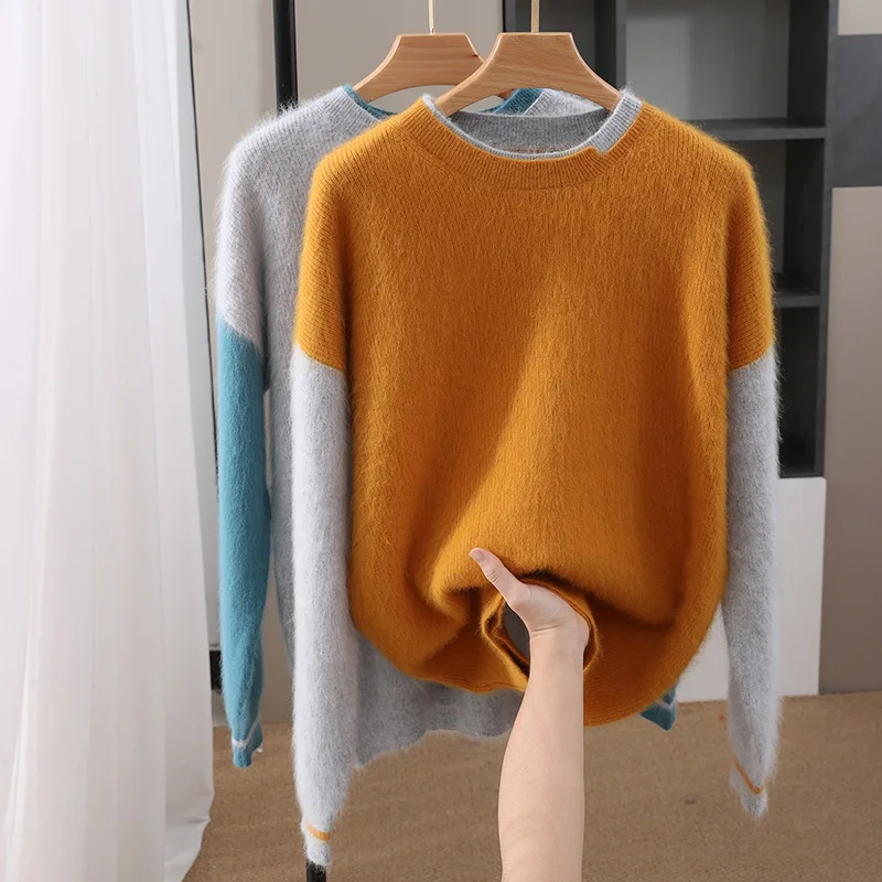 Men's 100% Mink Cashmere round Neck Pullover Sweater Long Sleeve Thickened Autumn Winter Business Casual Color Blocking Knit Top