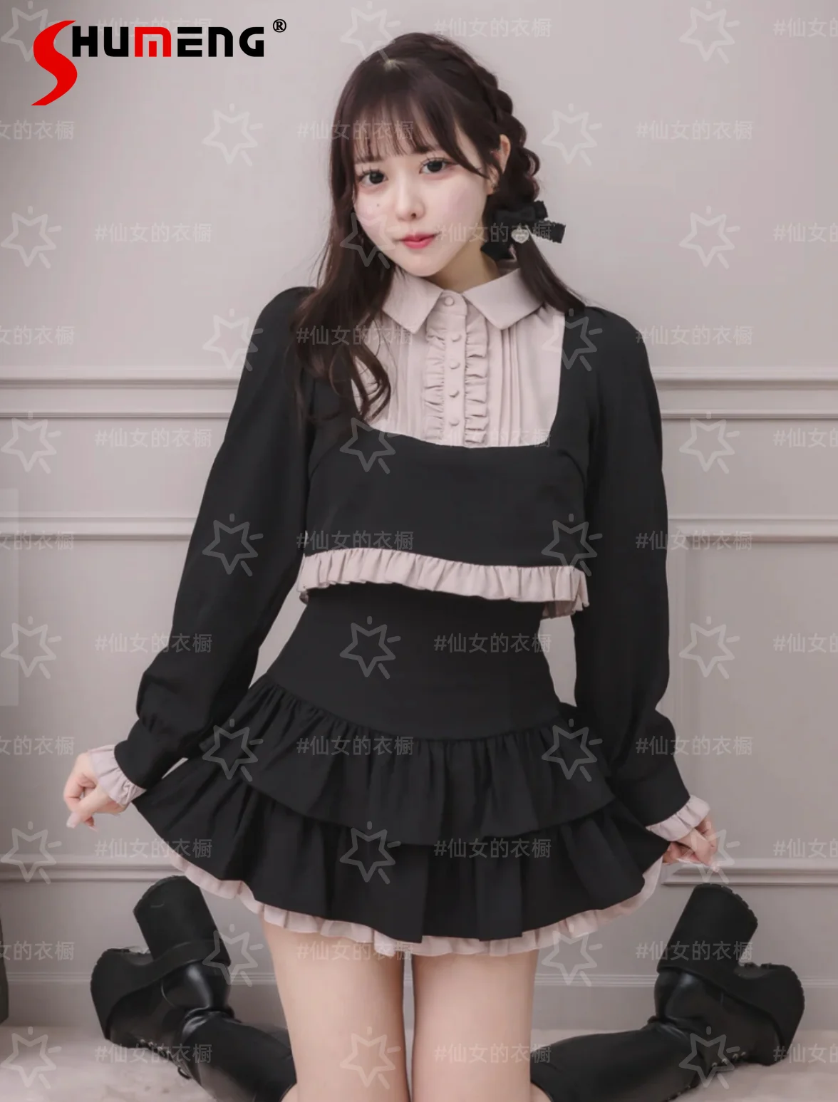 

Japanese Sweet Preppy Style Polo Collar Long Sleeve Short Tops Ruffled High Waist Mini Skirt Two-Piece Set for Women Spring 2026
