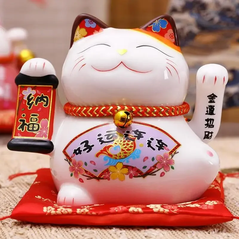 5 Inch Ceramic Fortune Cat Waving Hand Lucky Cat Plutus Cat Battery Powered Feng Shui Maneki Neko Best Gift Home  Decoration