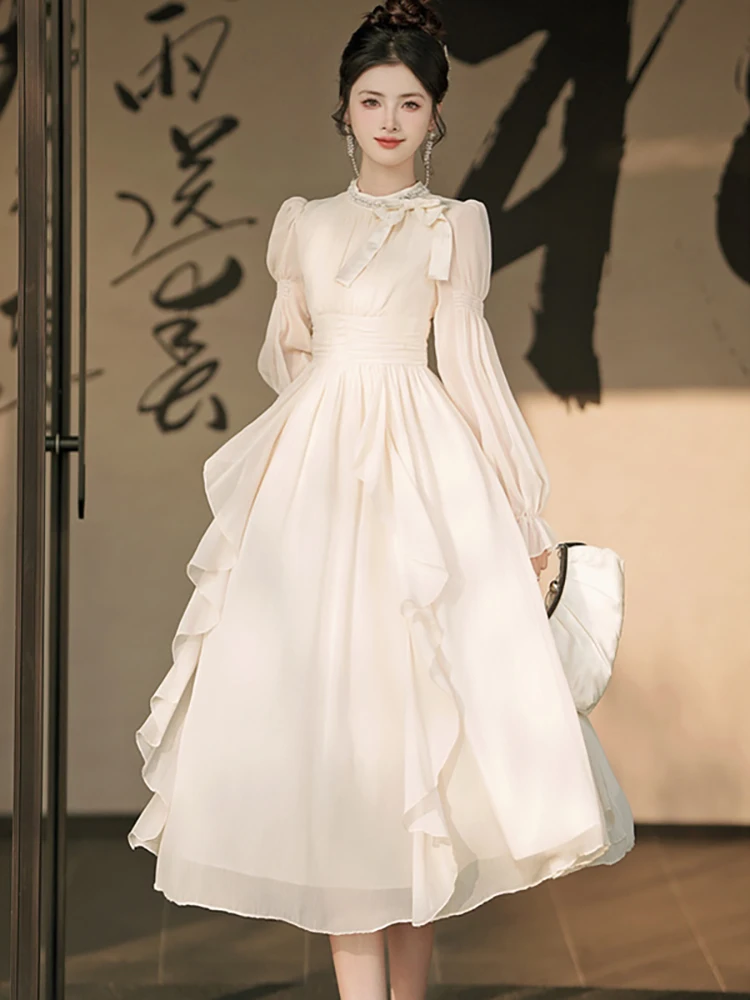 

Women Korean Fashion Luxury Birthday Party Dress Autumn Winter White Chiffon Ruffled Casual Dress 2025 Elegant Diamonds Vestidos