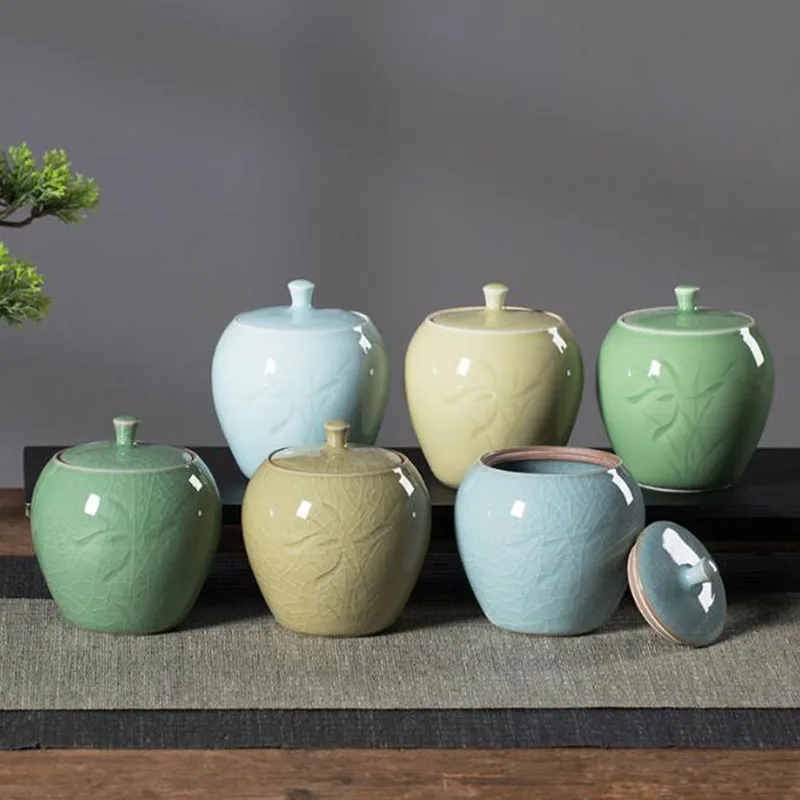 Longquan Celadon Ice Crack Bamboo Pattern Tea Caddy Chinese Traditional Crafts Sealed Storage Jar Kitchen Teaware 200ml