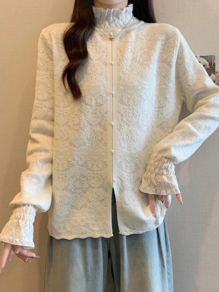 

Женский свободный вязаный свитер с высоким воротом и кружевной отделкой, однотонный, с длинными рукавами, для осени и зимы