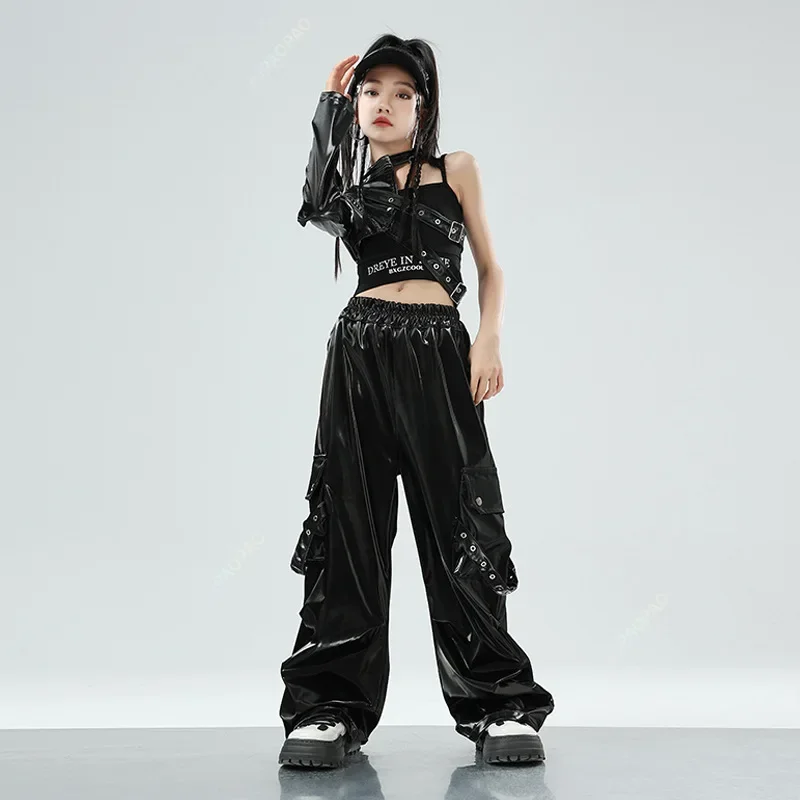 Modern Hip Hop Dance Clothes Girls Kids Jazz Performance Costume Black Leather Sleeves Tops Pants Kpop Concert Outfits