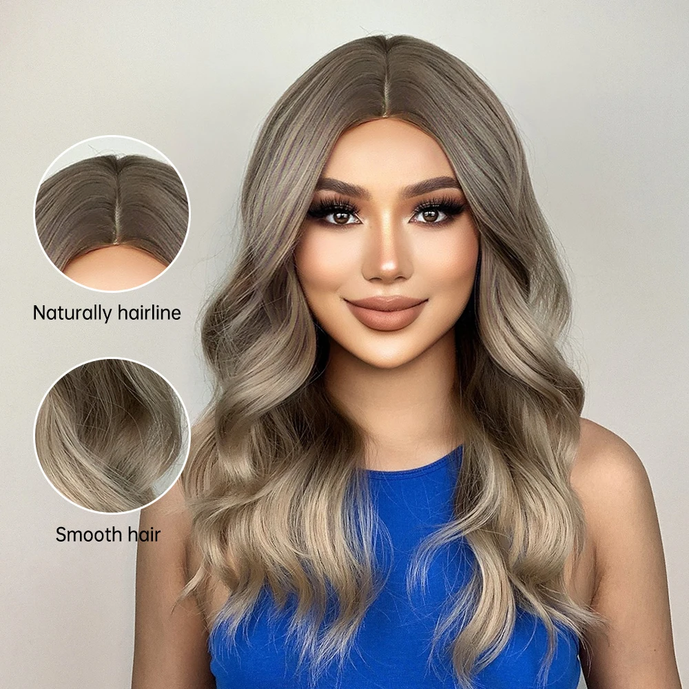 HENRY MARGU Ombre Brown Wavy Synthetic Wigs Natural Long Wavy Wig Middle Part Fake Hair for Women Daily Cosplay High Temperature