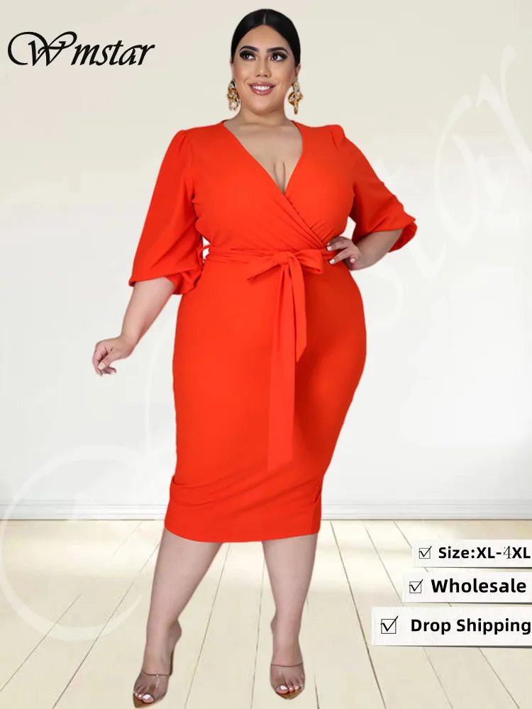 Wmstar Plus Size Dresses for Women Party Elegant Fall Clothes Solid V Neck with Sashes Midi Dress New Wholesale Dropshipping