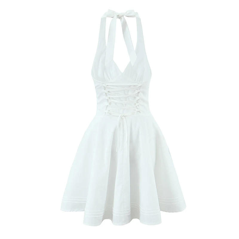 YENKYE Sexy Deep V Halter White Mini Dress Women Fashion Backless A-line Elegant Party Dresses Summer Robe Lace Up Vestidos