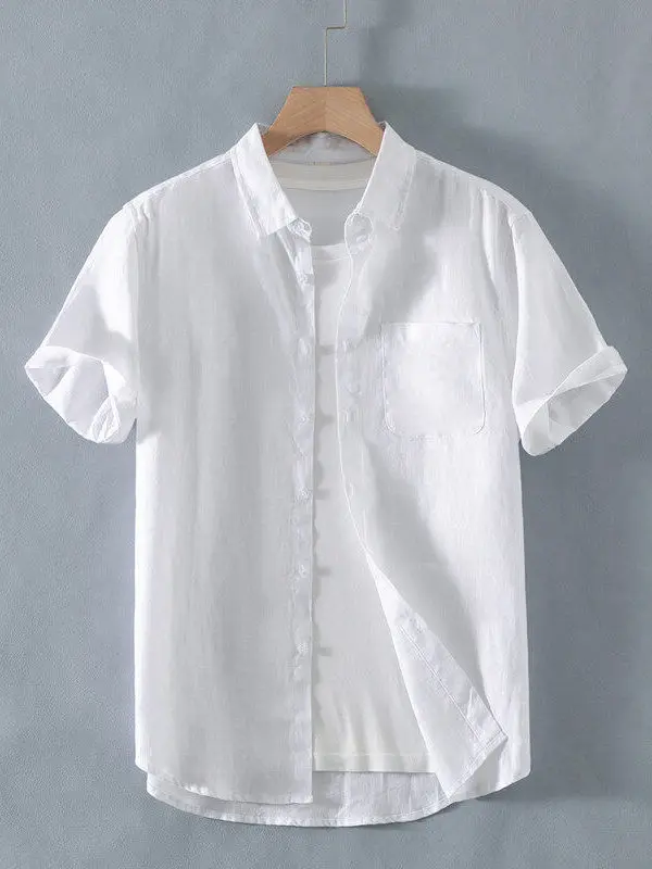 

Men's Linen Cotton Blend Casual Shirt Summer Thin Loose Fit Pure White Business Casual Short Sleeve Button down Coat