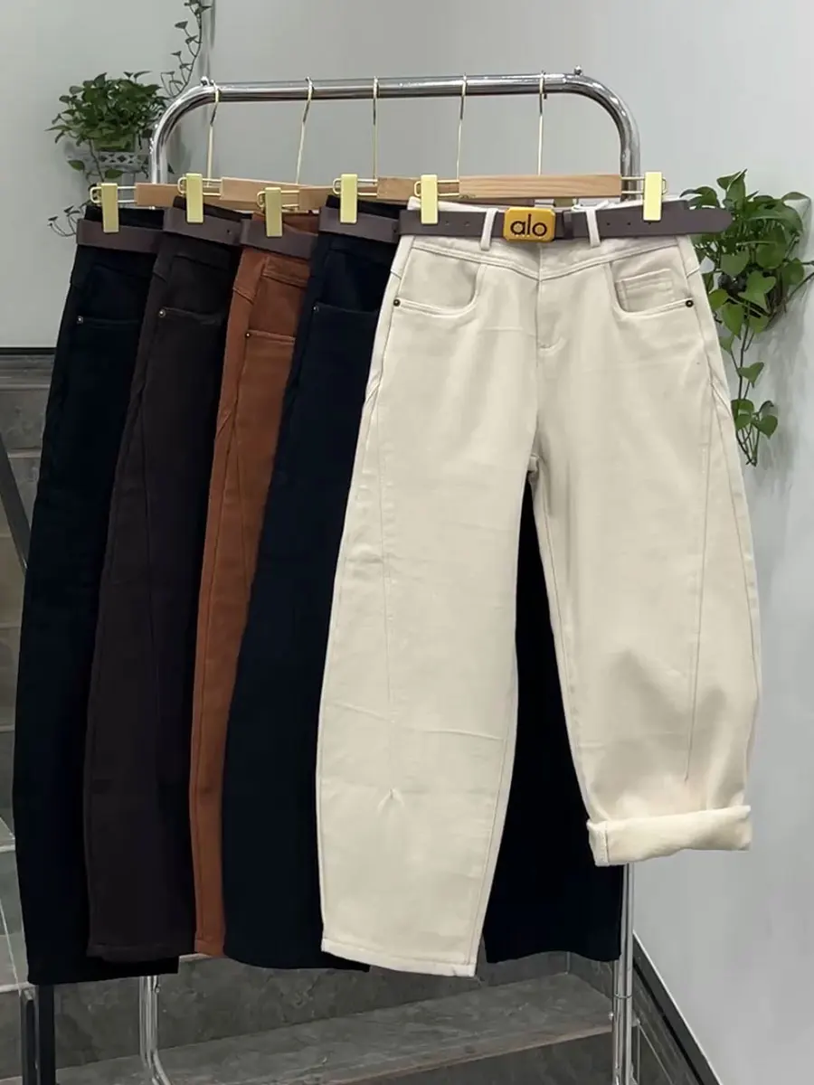

High Quali Fce Lined Thiened Winter Casual Pants for Women Vintage Faion Warm Nine Point Jeans High Waist Harlan Pants
