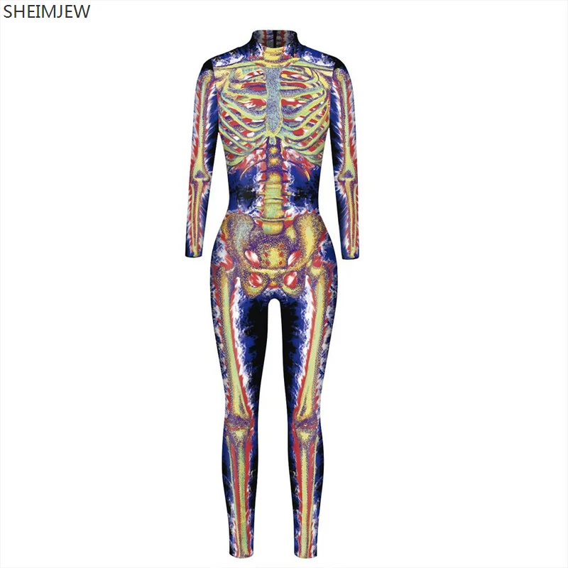 Women Adult Gold Ghost Skeleton Print Bodysuit Halloween Cosplay Costumes Long Sleeve Carnival Party Fancy monos mujer