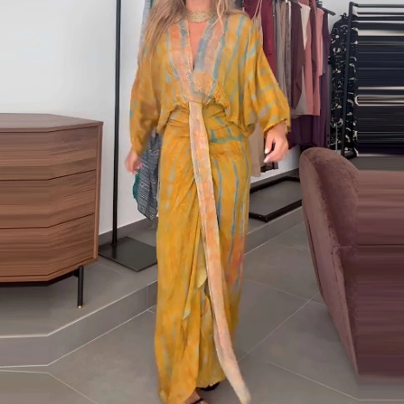 Temperamento manga morcego solto vestido de festa elegante senhora impressão comute amarrar vestido casual com decote em v cintura alta plissado bohe maxi vestido