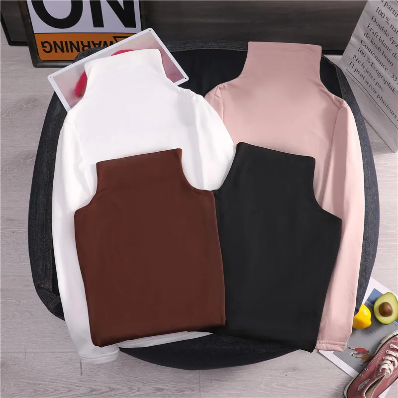 Fleece Winter Long Sleeve T-shirts Slim Kpop Warm Turtleneck Tops Y2K Vintage Sexy Tees Shirts Cheap Clothes Woman Tshirts
