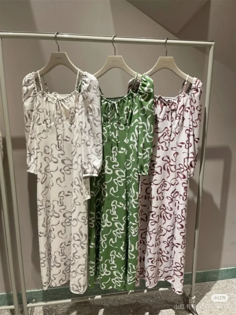 

Sexy Off Shoulder Camisole Dress Japanese Vintage Print A-line Slim Robe 2025 Spring New Elegant Temperament Vestidos Mujer