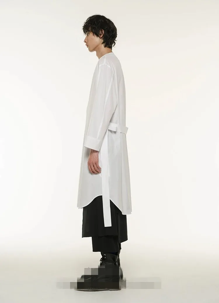 Fashion Men's V-neck Long Shirts Loose Girdling Pullover Over The Knee Long Thin Clothes Coat Summer Male Sunscreen Base Shirt