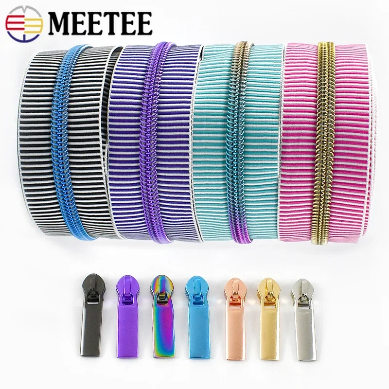 1-5Meters 5# Striped Nylon Zipper with Slider Heads Plastic Roll Zip for Backpack Clothes Zippers Garment Sewing Accessories