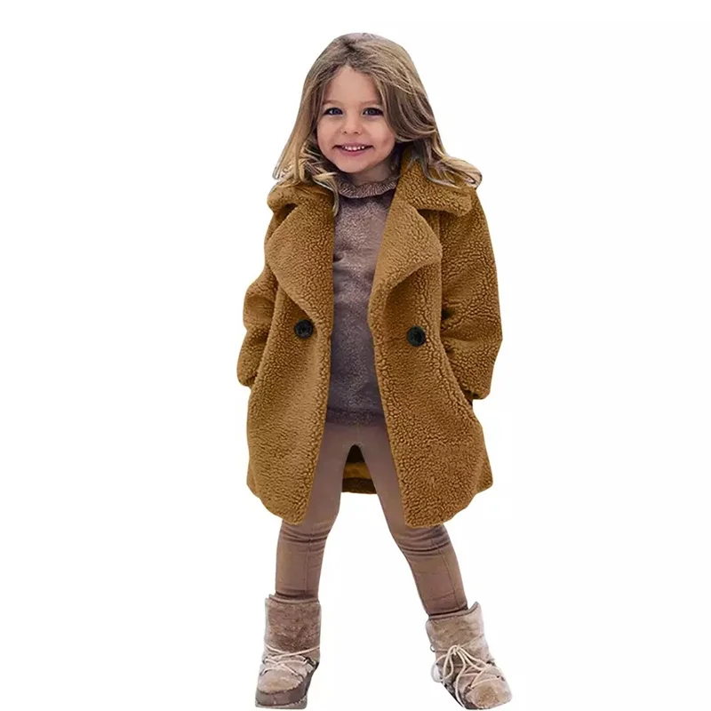 2-6Years old Girls Winter Warm Jacket Fur coat Children\'s lapel coat 2024 new Children\'s solid color coat casual plus long coat
