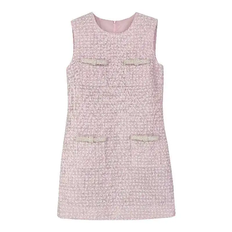 หรูหราสั้น Tweed ชุดผู้หญิงสีชมพู Pearl Bow Pocket Prom Party Vestido Mini Robe Tassels ชุดราตรีหวาน