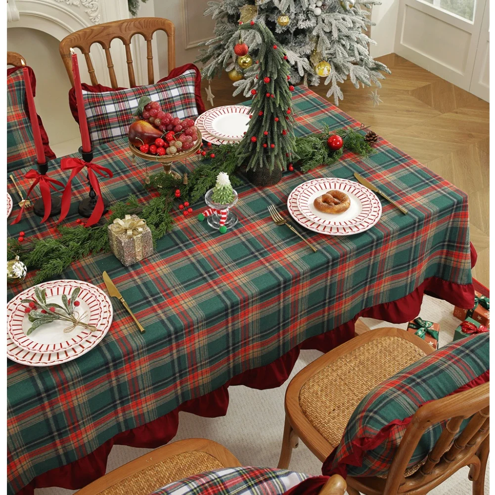 Tablecloth Holiday Theme Plaid Checkered Pattern Fabric Blend Ruffled Hem for Dining Table 140x140cm 140x200cm