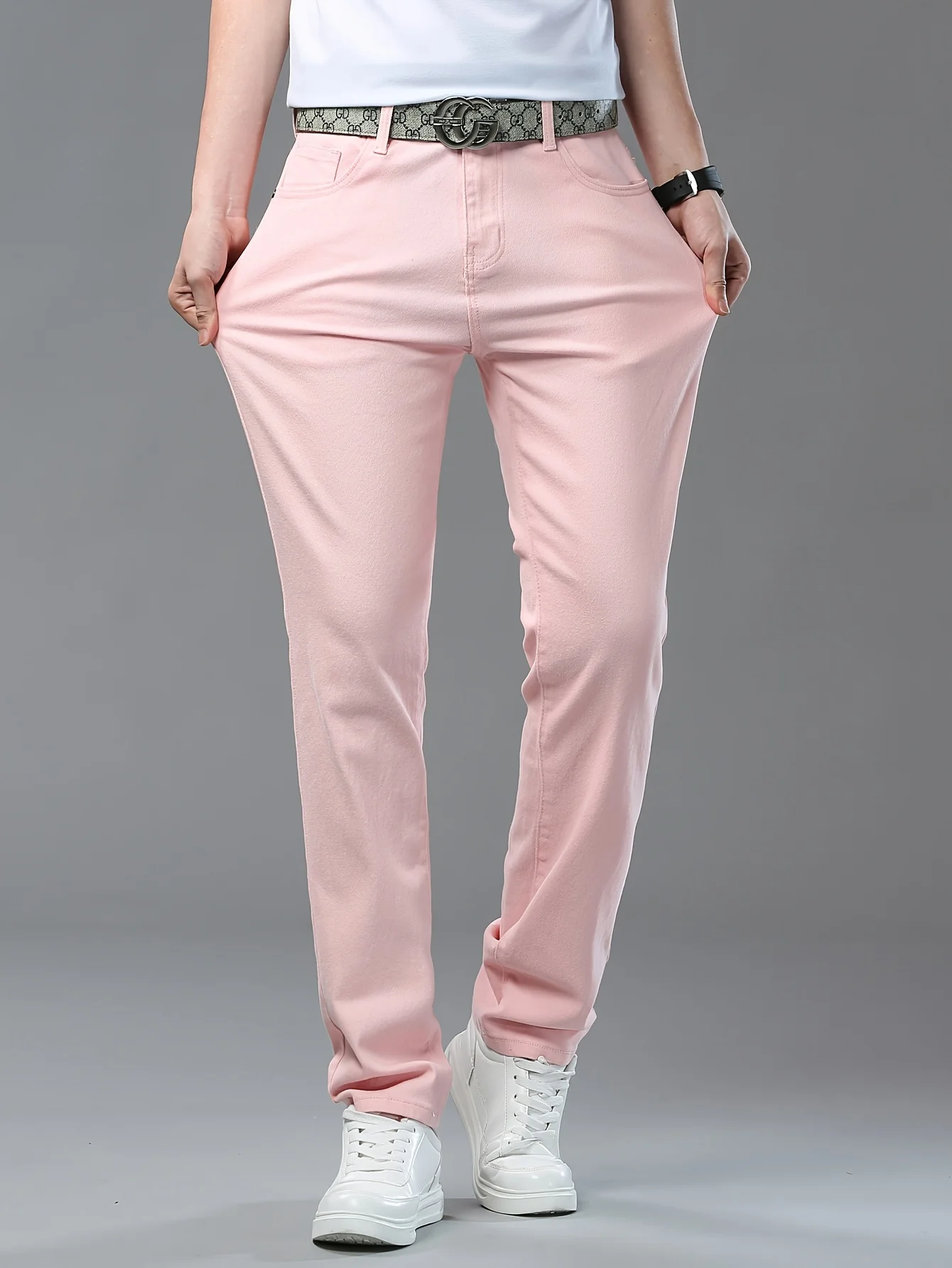 

Весенне-осенние новые розовые джинсы, мужские эластичные облегающие прямые брюки, красивые трендовые красивые брюки Ruffian