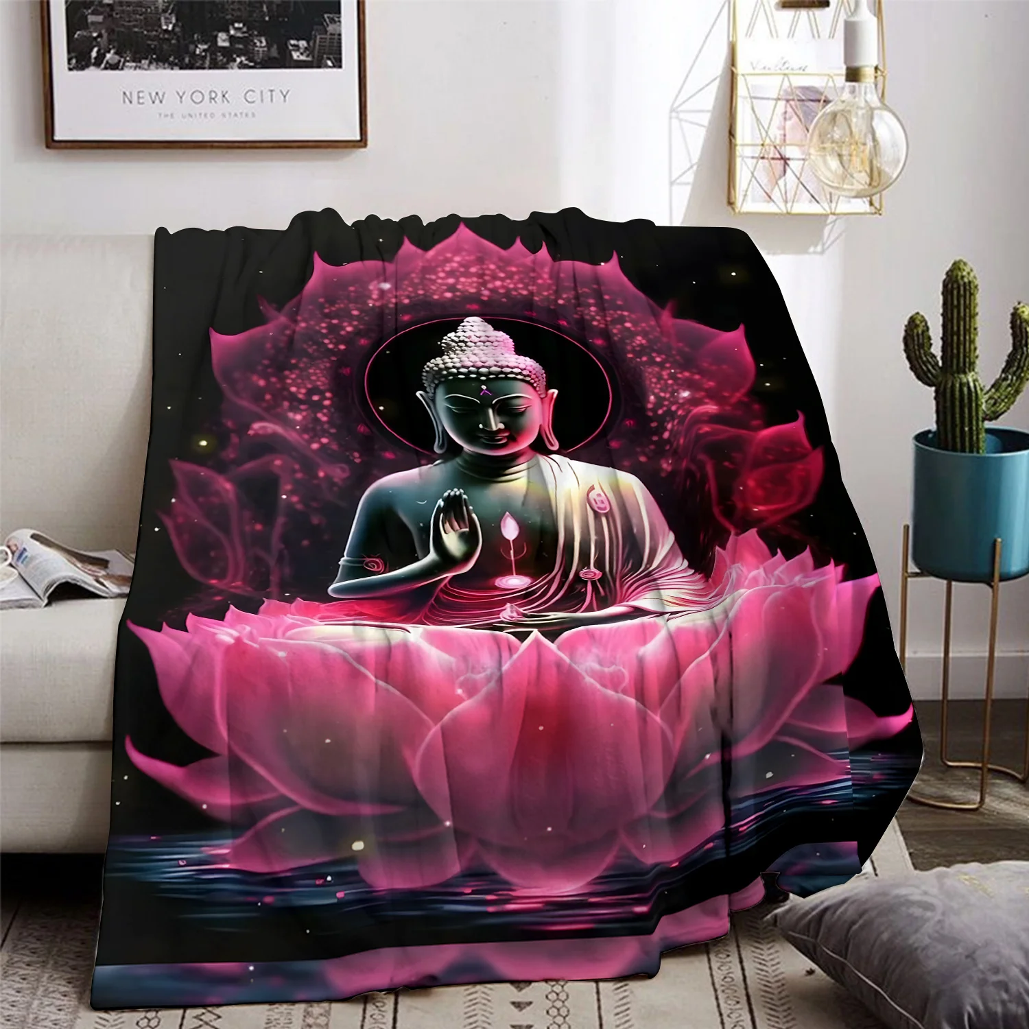 Custom Buddha Blanket Lotus Flower Meditation Design Personalized Name Fleece Throw All Season Soft Warm Bedding Home Decor Gift