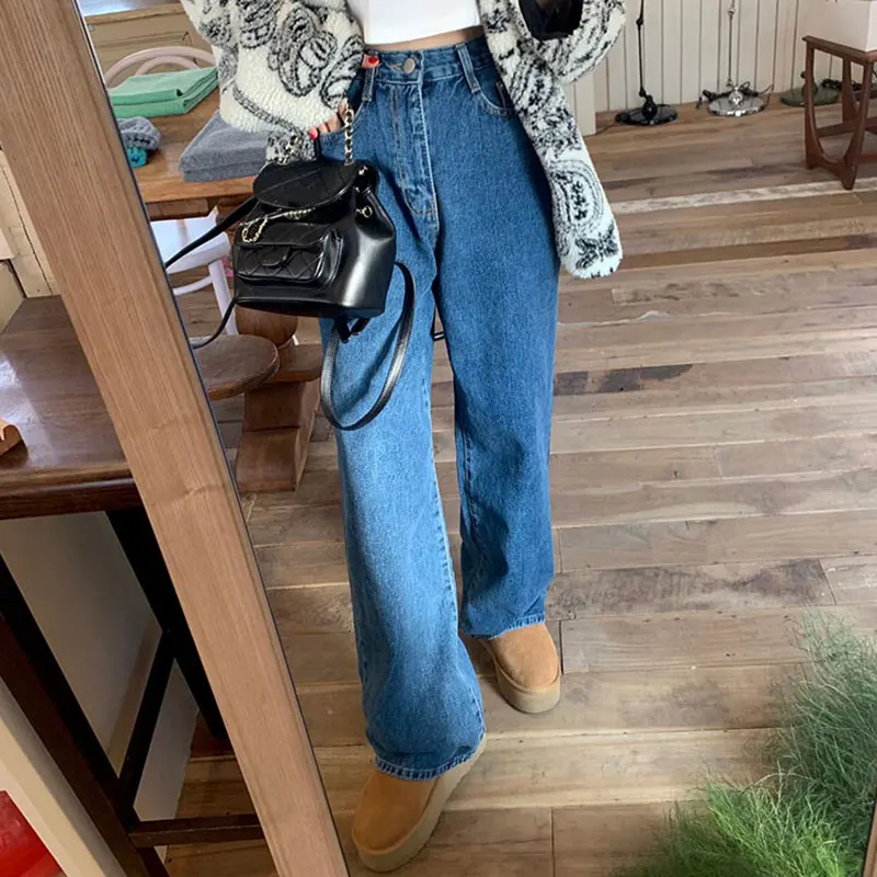 South korea Chic Spring Retro Versatile High Waist Slimming Open Line Design Straight Wide Leg Casual Washed Jeans Women